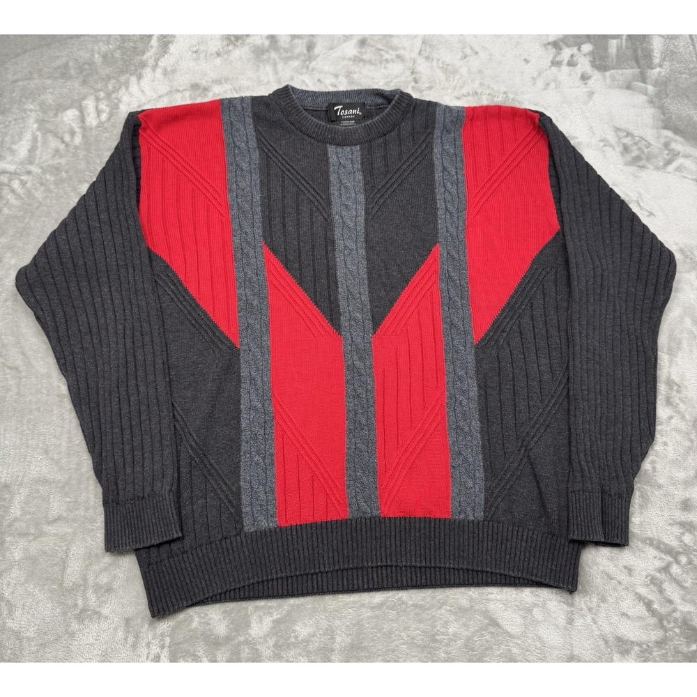 Vintage Tosani Canada Sweater Mens XL Black Red 3D Textured Cable Knit Retro 90s